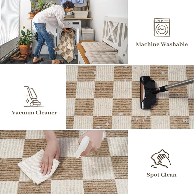 LIVEBOX Checkered Round Rug 4 Ft Washable Area Rug for Playroom, Kids Non-Slip Neutral Classic Circle Rug Geometric Large Carpet Soft Boys Rug for Classroom Dorm Bedroom(Brown,120R)