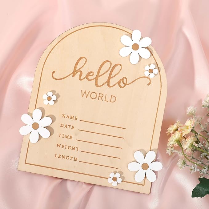 Wooden Hello World for Baby Showers - Newborn Birth Announcement Board,Daisy Wooden Baby Milestone Card,Welcome Baby Shower Gifts,Hello World Hospital Nursery Information Record Board (Hello World)