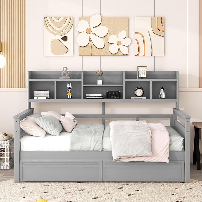 Harper & Bright Designs Full Daybed with Storage, Wooden Full Size Bed Frame with Bookcase Headboard and 2 Drawers, Full Sofa Bed with Shelves for Living Room Bedroom, No Box Spring Need, Gray