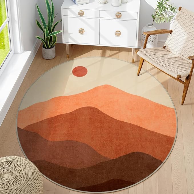 Round Area Rug 4ft, Mountain Circle Rug Print Round Kitchen Rugs Non Slip Washable Entryway Rug, Low Pile Soft Circular Carpet for Living Room Bedroom Decor(Brunt Orange)