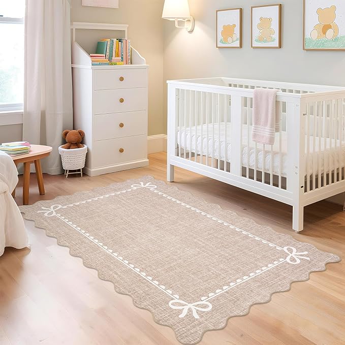 GarveeHome Scalloped Bow Rug for Living Room, Solid Camel Rug for Dorm, Washable Rugs 4x6 Soft Low Pile Non Slip Scalloped Rugs for Nursery Bedroom Decor Hallway Kids Room Playroom