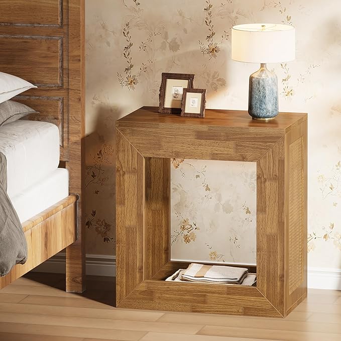 Tribesigns Rustic End Table, 2-Tier Wooden Side Table with Sturdy Base, Farmhouse Narrow Nightstand with Storage Shelf for Living Room, Bedroom, Brown