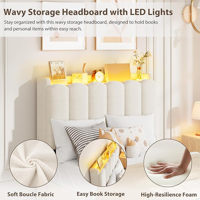 Garvee LED Twin Size Bed Frame with Storage Headboard, Kids Bed Frame with 2 Drawers, Boucle Upholstered Platform Bed for Girls, Chic Wavy Headboard with Bookcase, No Box Spring Needed, White