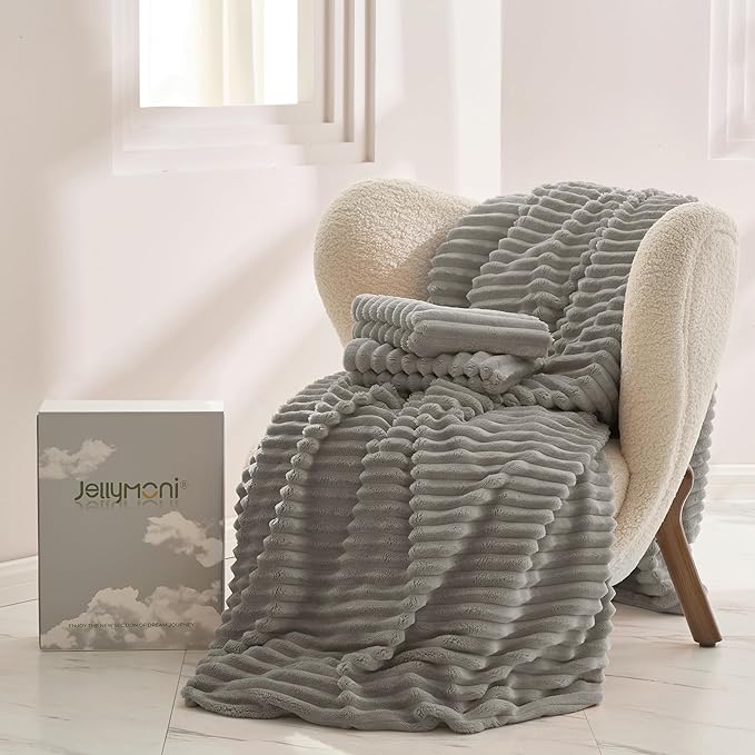 JELLYMONI Plush Duvet Cover Set - Twin Size Light Gray Striped Fluffy Comforter Cover 2pcs Bedding Set Luxury Ultra Soft Faux Fur Duvet Cover with Zipper and 1 Pillowcase (NO Comforter)
