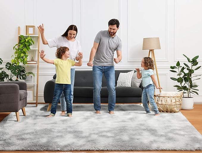 ONASAR 6x9 Area Rugs for Living Room, Large Tie-Dyed Light Grey Fluffy Shag Rug for Bedroom, Washable Ultra Soft Plush Floor Big Indoor Carpet for Baby Kids Girls Boys Teen Dorm Nursery Home Decor
