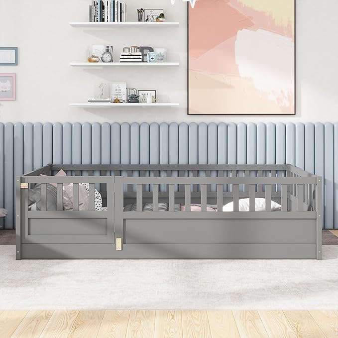 GDFStudio Twin Size Toddler Floor Bed Frame with Door & Guardrails, Toddler Twin Bed Frame for Kids Boys Girls, Low to Floor Child Bed Rail Design, Wooden Floor Bed for Baby, No Support Slat, Grey