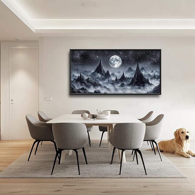 Olivine Mountain Large Wall Art, Black And White Pictures Wall Decor, Nature Landscape Paintings, Moon Canvas Prints, Framed Artwork for Dining Room Bedroom Living Room Office Bathroom Home 60"x30"