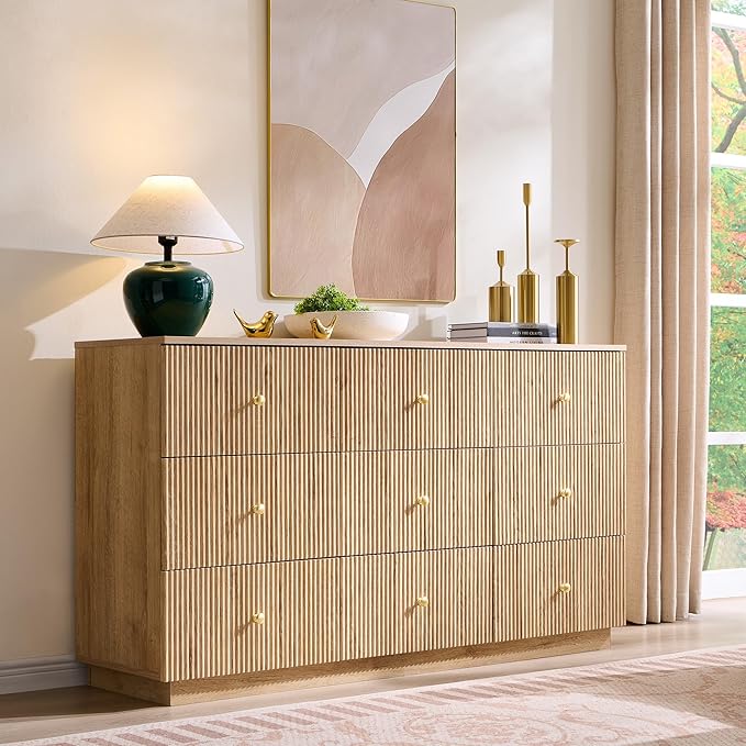 Fluted Dresser for Bedroom, 55" W 9 Drawer Dressers, Wood Tall Dresser Storage Organizer, Modern Bedroom Chest of Drawers with Deep Storage for Closet Hallway, Entryway, Living Room Natural