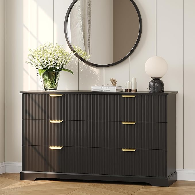 Fluted Dresser with 6 Drawers for Bedroom, 53.14" Wide Dresser with Metal Handle, Wooden Chest of Drawers for Bedroom, Living Room, Entryway, Black