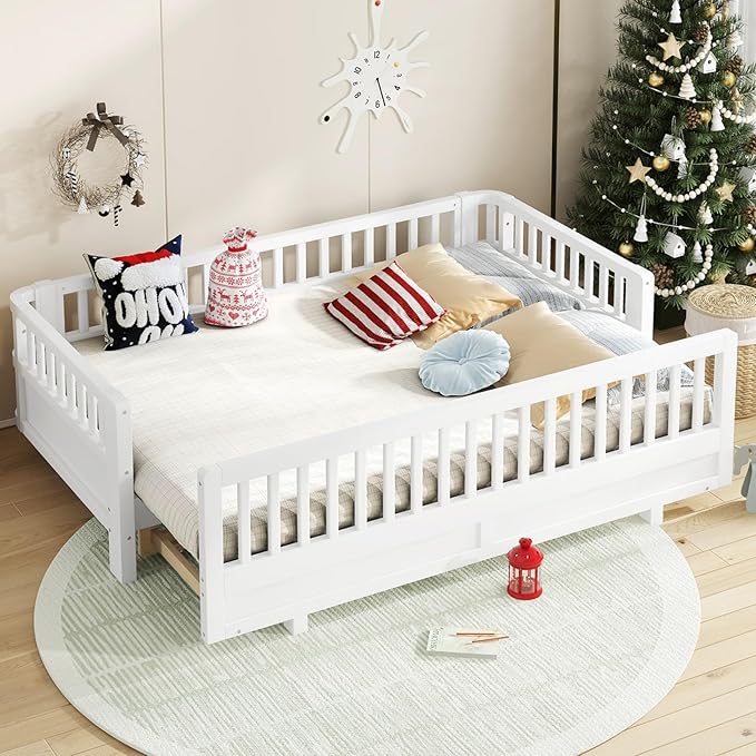 KEIKI Solid Wood Expandable Twin XL Size Floor Bed for Kids with Guardrails, Can Be Converted into a Queen Bed Platform, Montessori Low Profile Bedframe Daybed for Girls Boys, No Box Spring Needed