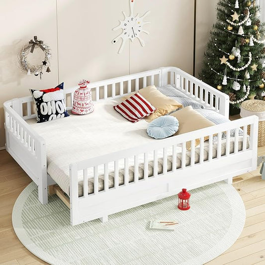 KEIKI Solid Wood Expandable Twin XL Size Floor Bed for Kids with Guardrails, Can Be Converted into a Queen Bed Platform, Montessori Low Profile Bedframe Daybed for Girls Boys, No Box Spring Needed