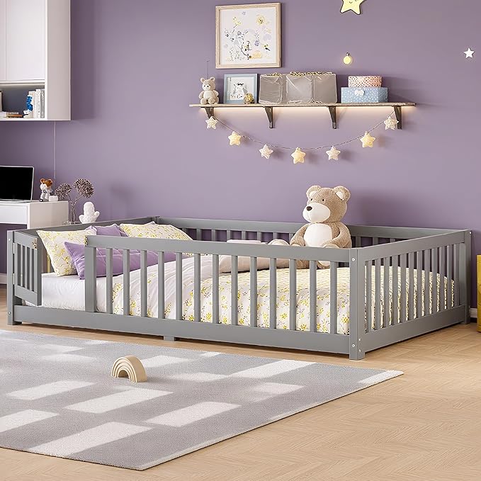 Bellemave Full Size Montessori Floor Bed Frame with Rails & Door, Solid Wood Kids Floor Bed Full with Removable Slats, Low Profile Montessori Bed for Children’s Sleep & Play, Grey