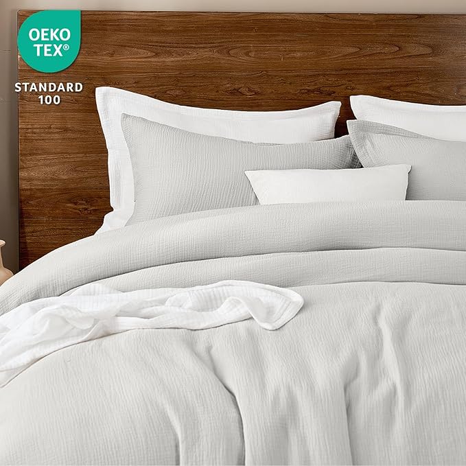 PHF Cotton Muslin Comforter Set King Size, Ultra Soft, Breathable & Lightweight All-Season Bedding, Filling: 100% Polyester, 3 Pieces with 1 Comforter 104"x90" and 2 Pillow Shams 20"x36", Light Grey