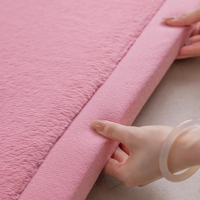 Loartee Faux Rabbit Fur Rug - 1.18" Thick Soft Fluffy Area Rug, Non-Slip Memory Foam Crawling Mat, Light Pink, 71"x78"