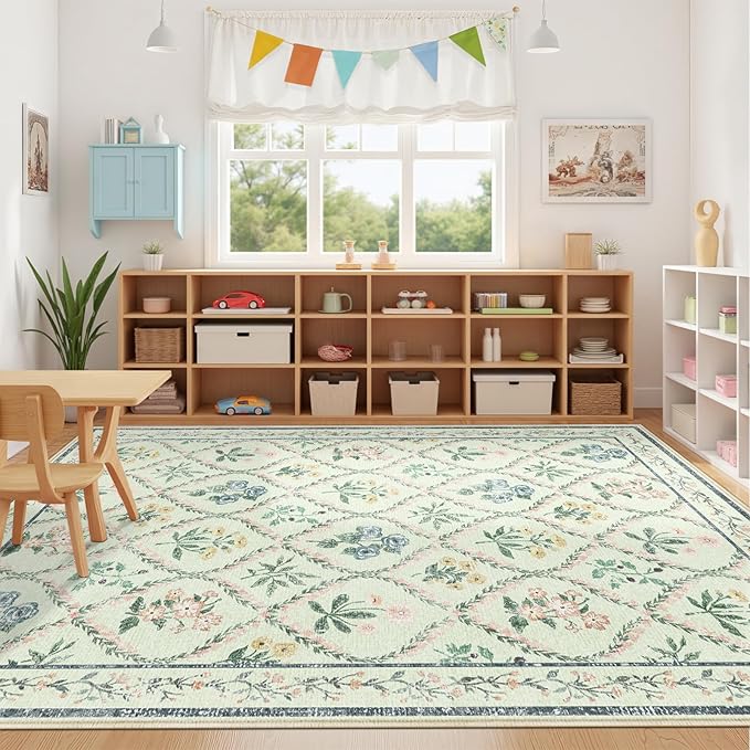 8x10 Washable Rug for Living Room,Green Floral Rugs for Bedroom,Boho Large Non Slip Ultra-Thin Distressed Farmhouse Carpet for Kids Playroom, Classroom, Girls Dorm, Nursery, Green Mult
