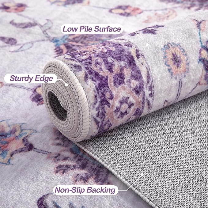 Tangsoo 4x6 Washable Area Rugs Non Slip, Boho Distressed Vintage Purple Floral Throw Rug for Bedroom Nursery, Soft Low Pile Floor Carpet Indoor Mat for Entrance Bedside Kitchen Office Farmhouse