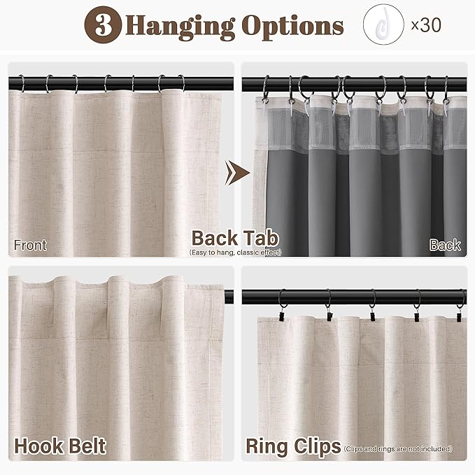 Guken Oatmeal 100% Blackout Linen Curtains for Bedroom 108 Inch Length Hook Belt Textured Neutral Room Darkening Thermal Insulated Soundproof Curtain for Dining Room 2 Panels Set 52x108 9Ft
