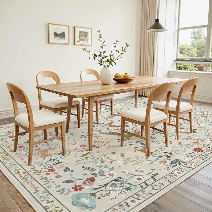 8x10 Area Rugs for Living Room Floral Animal Print Carpet Washable Non-Slip Large Rug Low Pile for Indoor Bedroom Dining Room Nursery Home Office Farmhouse Kids Play Room Beige