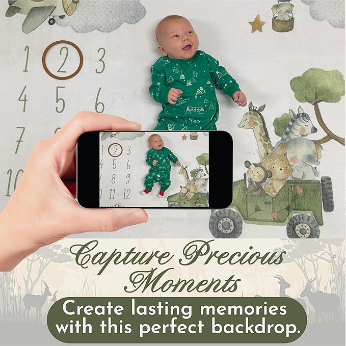 Baby Monthly Milestone Blanket Unisex | Soft Fleece, Safari Design | Newborn Photography Backdrop | Neutral Pastel Colors | 48" x 40