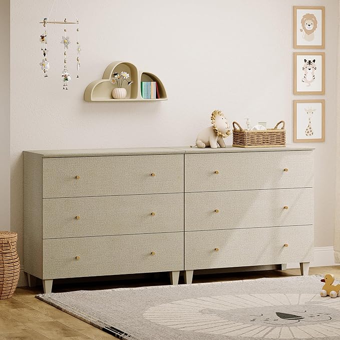 WAMPAT 6-Drawer Kids Dresser for Bedroom, 2-in-1 Modern Large Chest of Drawers with Gold Knobs, 71 Inch Wide Linen Printed Finish Wood Children Dresser for Baby Room, Nursery, Dark Beige