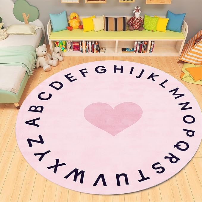 Super Soft Pink Round Rug,5ft,Children's ABC Letter Educational Learning Rug, Non-Slip Washable Nursery Rug, Children's Crawling Play Mat, Suitable for Boys And Girls Bedroom Playroom Decoration