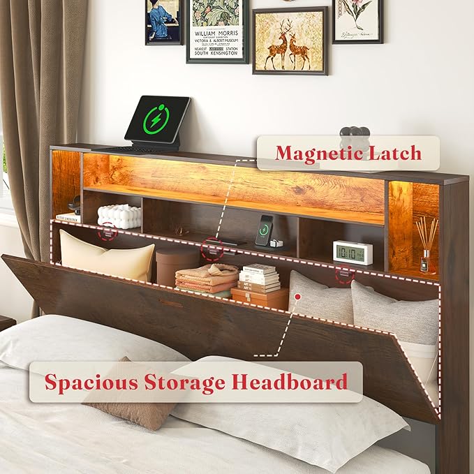 Queen Bed Frame with Large Headboard Storage, Bed Frames with 2 Under Bed Drawers, Built-in LED Lights Charging Station, Easy Assembly, Brown