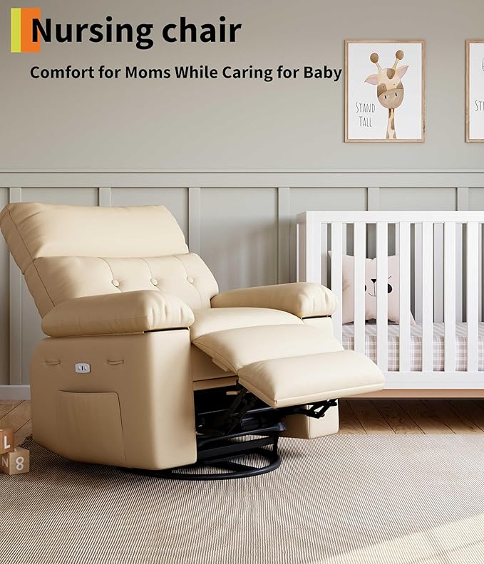 GarveeHome Oversized Power Rocker Swivel Recliner Chair - Heat and Massage, PU Leather Electric Glider Rocking Chair with USB Port, Glider Recliner Nursery Chair for Living Room, Bedroom, Nursery