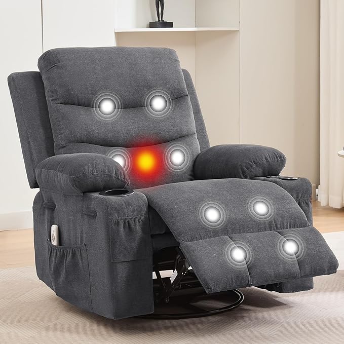Recliner Chair Nursery, Oversized Manual Reclining Rocking Chair, 360 Swivel Glider with Cup Holder, Massage and Heat Recliner, Indoor Small Single Sofa Chairs for Adults, RV, Bedroom, Linen Gray
