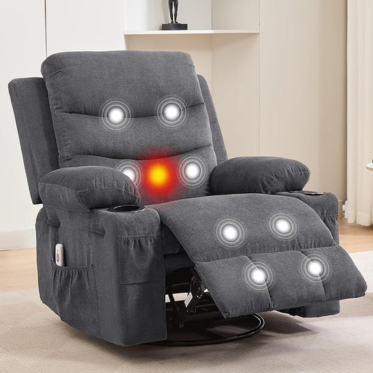 Recliner Chair Nursery, Oversized Manual Reclining Rocking Chair, 360 Swivel Glider with Cup Holder, Massage and Heat Recliner, Indoor Small Single Sofa Chairs for Adults, RV, Bedroom, Linen Gray