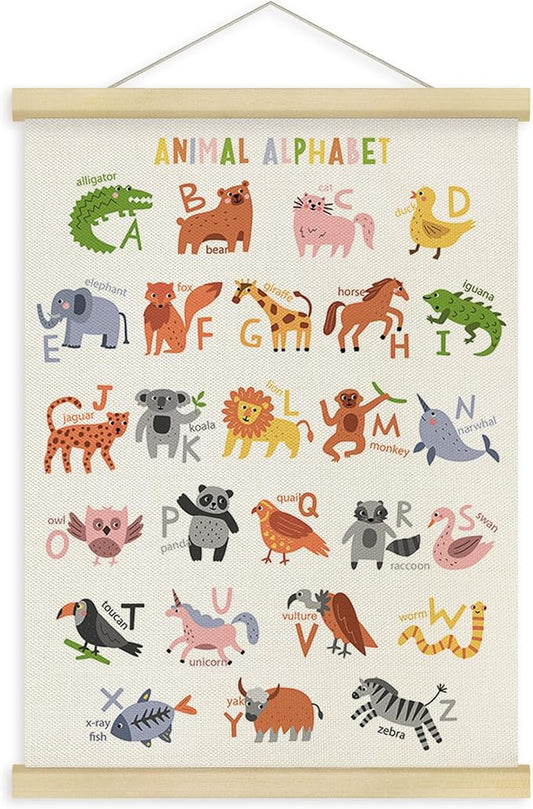 Fewgb Animal Alphabet ABC Letter Chart Wall Art Decor for Nursery Classroom Playroom Toddlers Kids Room, Preschool Educational Learning Hanging Poster Framed with Hanger, Colorful Picture Prints 12x16
