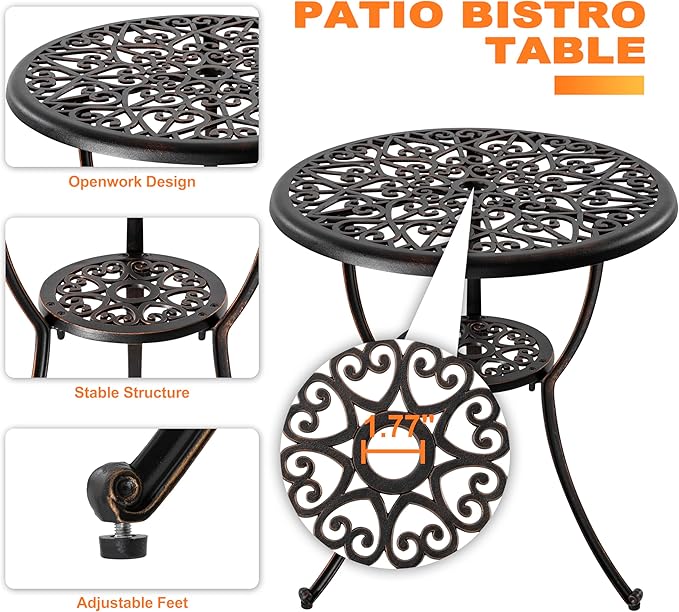 NUU GARDEN 3-Piece Outdoor Bistro Set with Cushions, Round 24 Inch Cast Aluminum Round Table with 1.77" Umbrella Hole and 2 Cast Aluminum Armchairs with Cushions, Black with Gold-Painted Edge