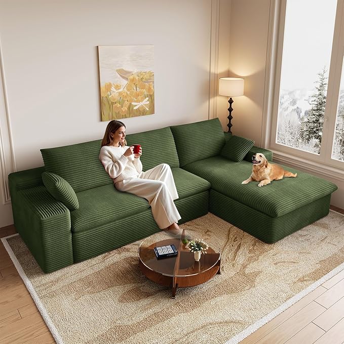 Cloud Sectional Couch,107 Inch Modular Sectional Sofa with Deep Seat, Modern Corduroy Boneless Couches with L-Shape Chaise for Living Room Bedroom, No Assembly Required (Green, Right Facing Chaise)