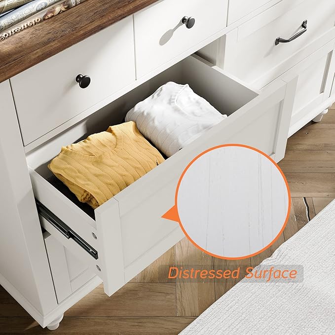 WAMPAT Dresser for Kids Bedroom with 6 Drawers, Mid Century Baby Dresser Wide Chest of Drawers with Storage Cabinet Organizer for Nursery, Living Room, Off White