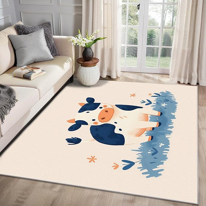 Cow Rug for Nursery - Cute Cattle Area Rug 5x6, Cartoon Farm Animal Rugs for Living Room Bedroom, Kids Farmhouse Animal Carpet - Washable Non Slip Stain Resistant, Cow Home Decor & Gifts
