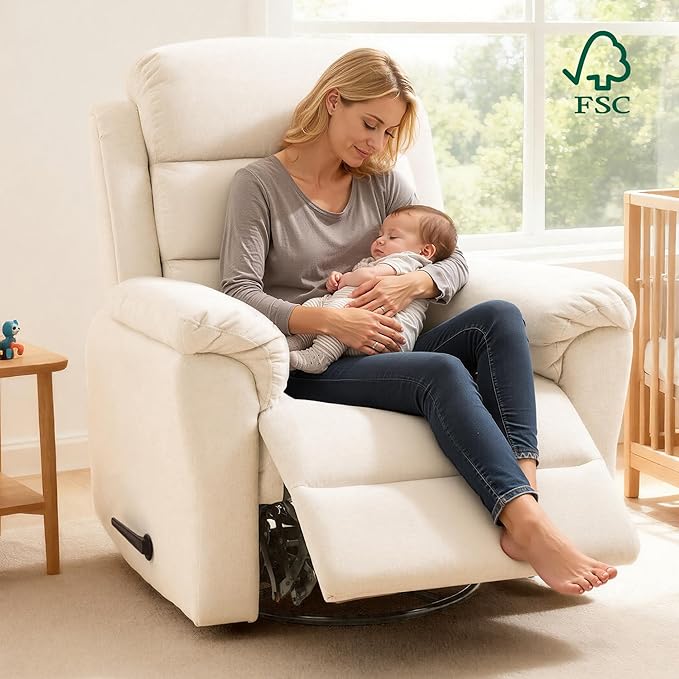 FLEXISPOT XRC6 Nursery Swivel Rocker Recliner with Massage & Heat, Rocking Glider Chair w/ 28" High Back, Comfy Upholstered Armchair for Living Room Nursery, FSC Certified(Premium Chenille, Cream)