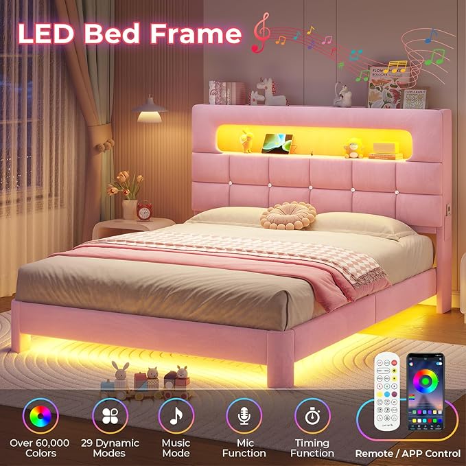 MSmask Queen Upholstered LED Bed Frame with 2-Tier Storage Bookcase Headboard, Velvet Princess Bed with Crystal Button Tufted Headboard & Charging Station, Girls Platform Bed, Curved Legs, Pink