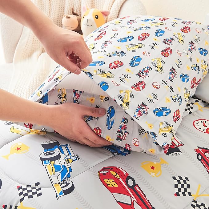 Mooreeke 4 Pieces Toddler Bedding Set - Soft Race Cars Toddler Comforter Sets for Girls, Includes Quilted Comforter, Flat Sheet, Fitted Sheet and Pillowcase, Bed in A Bag for Baby Bedroom