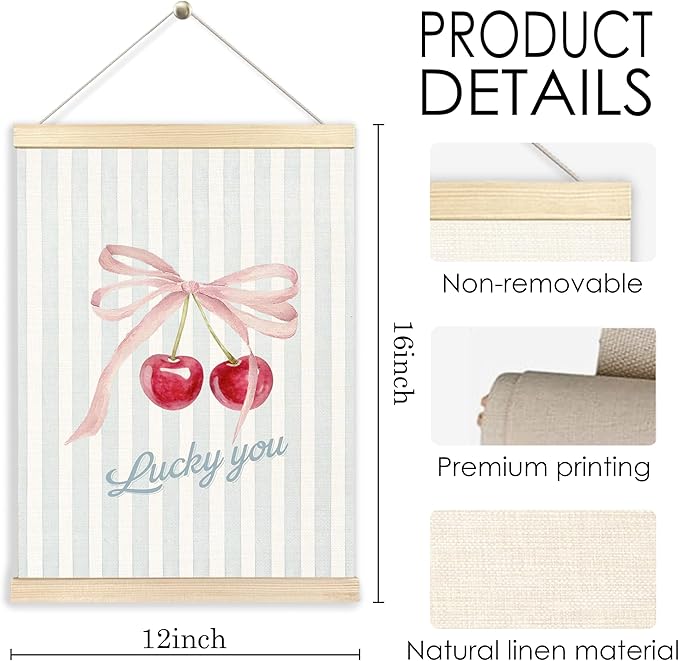 BESERH Lucky You Coquette Cherry Wall Art Posters, Preppy Cherry Wall Decor, Aesthetic Pink Bow Blue Striped Cherries Canvas Prints Artwork Framed for Girls Room Dorm Apartment, 12x16 Inch