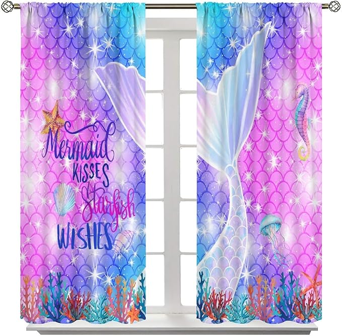 Kids Fantasy Mermaid Curtains Dream Colorful Mermaid Fish Tail Scale Fantasy Ocean Theme Window Treatment for Girls Bedroom Nursery Room Decor Window Drapes 52" W X 84" L