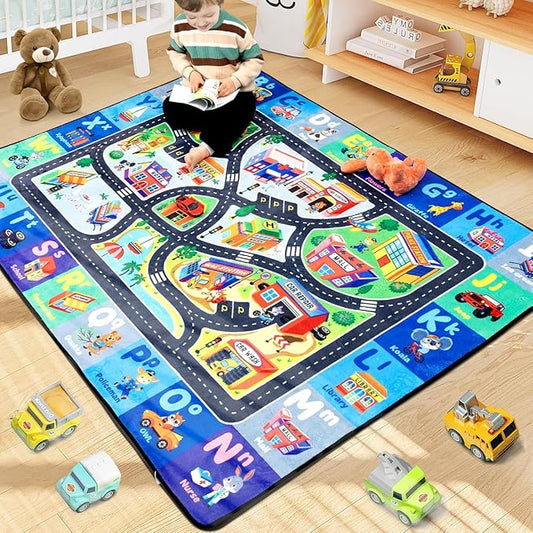 Educational ABC Rug for Children's Playroom - A 3x5 Feet Washable, Non-Slip Alphabet Mat. Classroom or Community Rug for Kids Learning Letters, Animals, and Shapes. Enhances Play Room Decor