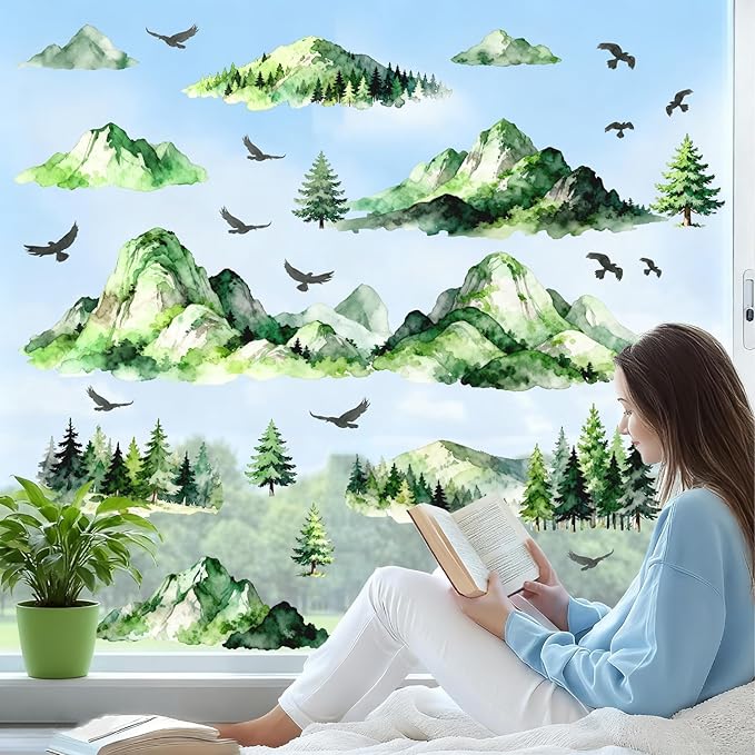 Mountain Tree Wall Stickers Watercolor Mountain Wall Decals Peel and Stick Flying Birds Woodland Green Pine Trees Wall Stickers Forest Mountains Decals for Bedroom Living Room Nursery Decor
