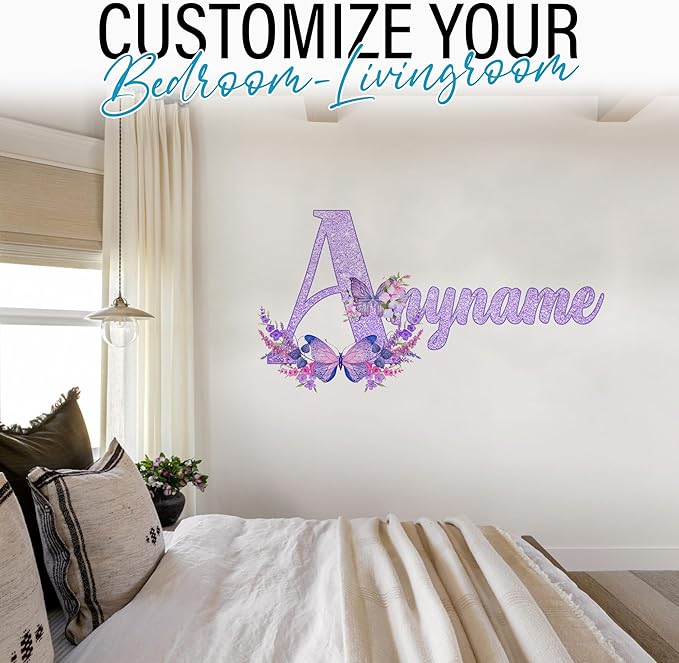 Custom Name Initial Name Alphabet Butterfly Wall Nursery Decal Personalized Flowers Butterfly Cute Large Vinyl Wall Sticker for Home & Room Décor, Removable Walls Art for Kids & Teens Bedroom, Car