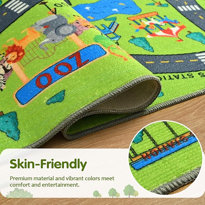 Merelax 3x5 Kids Car Area Rug, Green Grey Area Road Rugs for Living Room Playroom Classroom Bedroom, Non Slip Kids Play mat, Washable Rug, Educational City Traffic Map Fun Car Carpet for Ages 3-12