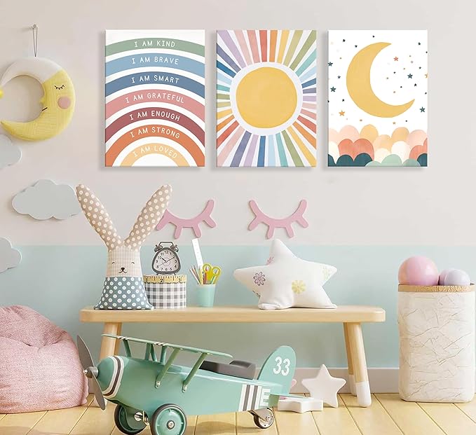 KBIERQN 3Pcs Boho Sun moon Canvas Wall Art Nursery Positive Affirmations Rainbow Poster Prints Bohemian Star Heart Picture for Toddler Baby Girls Room Playroom Bedroom Wall Decor 12x16in Framed