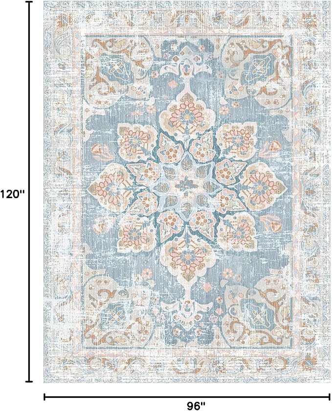 Vhong Washable Area Rugs Boho Vintage Neutral Modern Pale Blue 8x10 Non Slip Large Carpet for Living Room Dining Room Bedroom