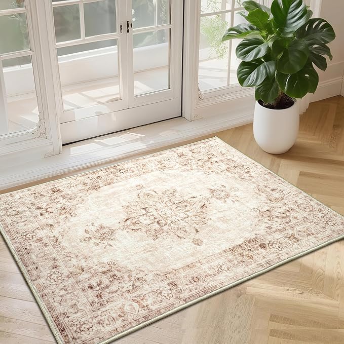 Area Rug 2x3, Washable Rug for Entryway Indoor, Small Area Rug for Living Room Entrance, Vintage Rug for Bedroom Doormat, Non Slip Soft Low Pile Carpet for Kitchen, Hallway, Office, Beige
