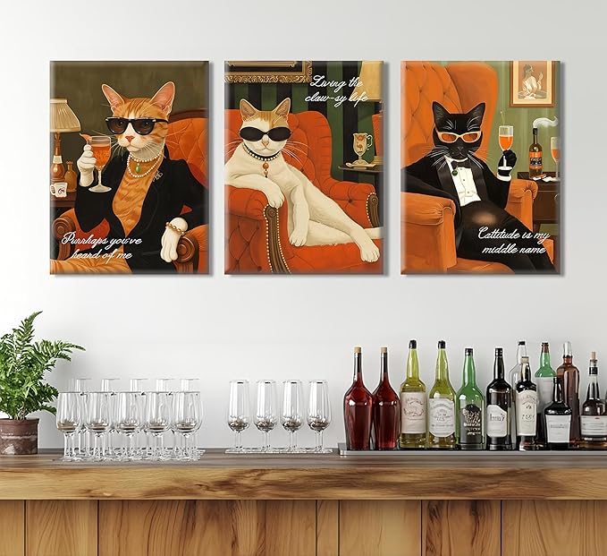 3Pcs Funny Cat Canvas Wall Art Elegant White Black Orange Cat Drinking Cocktail Painting Picture Wall Decor Luxury Feline Poster Print Bar Cart Artwork Decor for Bar Dining Room Bedroom Home Decortion