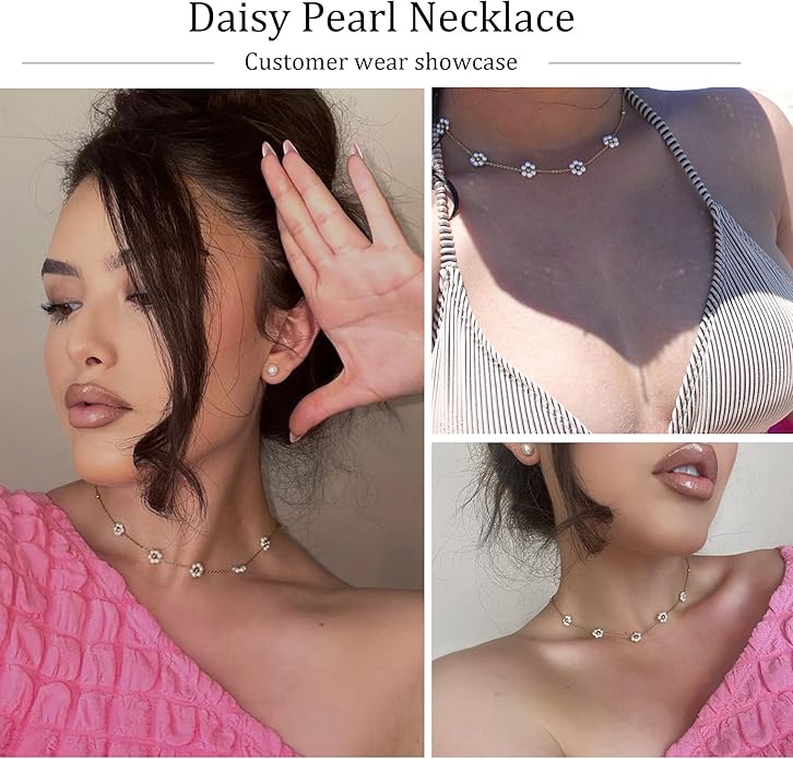 SmileBelle Pearl Necklaces for Women, Daisy Pearl Choker as Christmas Stocking Stuffers for Teens, Silver Daisy Pearls Jewelry Trendy Stuff Birthday Gifts 3 Pearls White Necklace as Wedding Jewelry