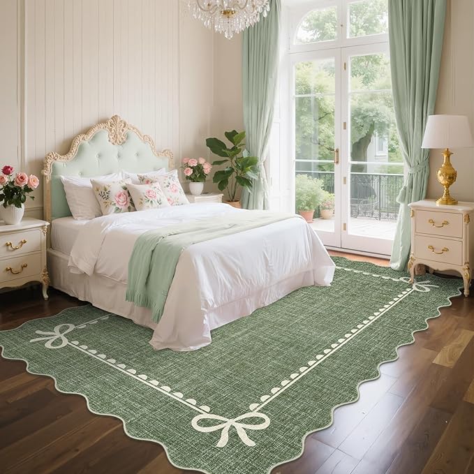 GarveeHome Scalloped Bow Rug for Living Room, Solid Green Rug for Dorm, Washable Rugs 5x7 Soft Low Pile Non Slip Scalloped Rugs for Nursery College Bedroom Decor Kids Room Playroom
