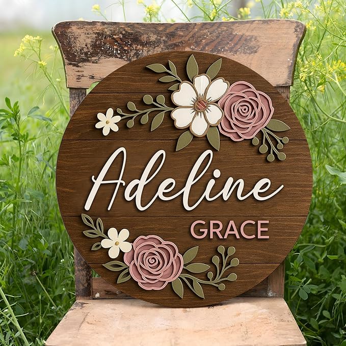 Personalized Floral Wooden Name Sign – Newborn Keepsake Wood Plaque with Flowers and Leaves, Custom Nursery Wall Decor, Baby Girl Room Door or Bedroom Decoration